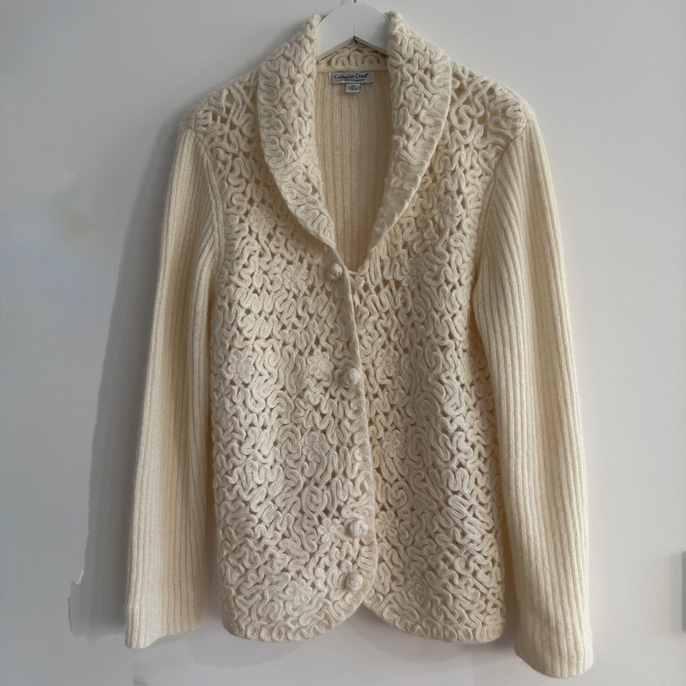 Vtg Crochet Fisherman Coldwater Creek Wool Knit Cardigan Sweater Cottagecore Med - Picture 2 of 12